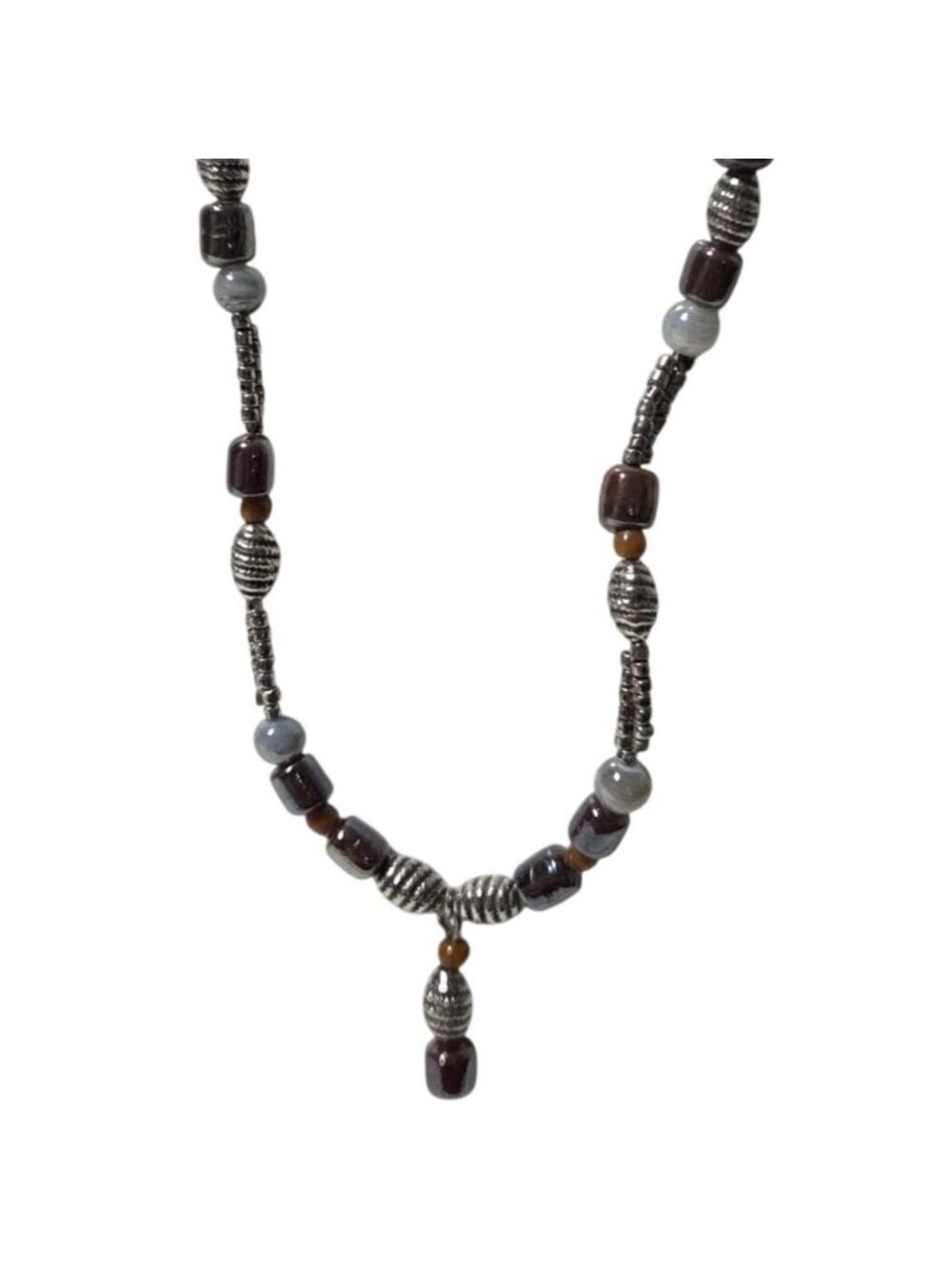 Handmade Beaded Necklace Silver Tone Accents Dangling Charm Fashion Jewelry